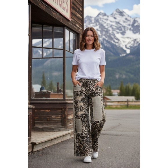 POL Pants - POL Leopard Print Patchwork Wide Leg Distressed Pants Tan Brown Lg Preppy Boho